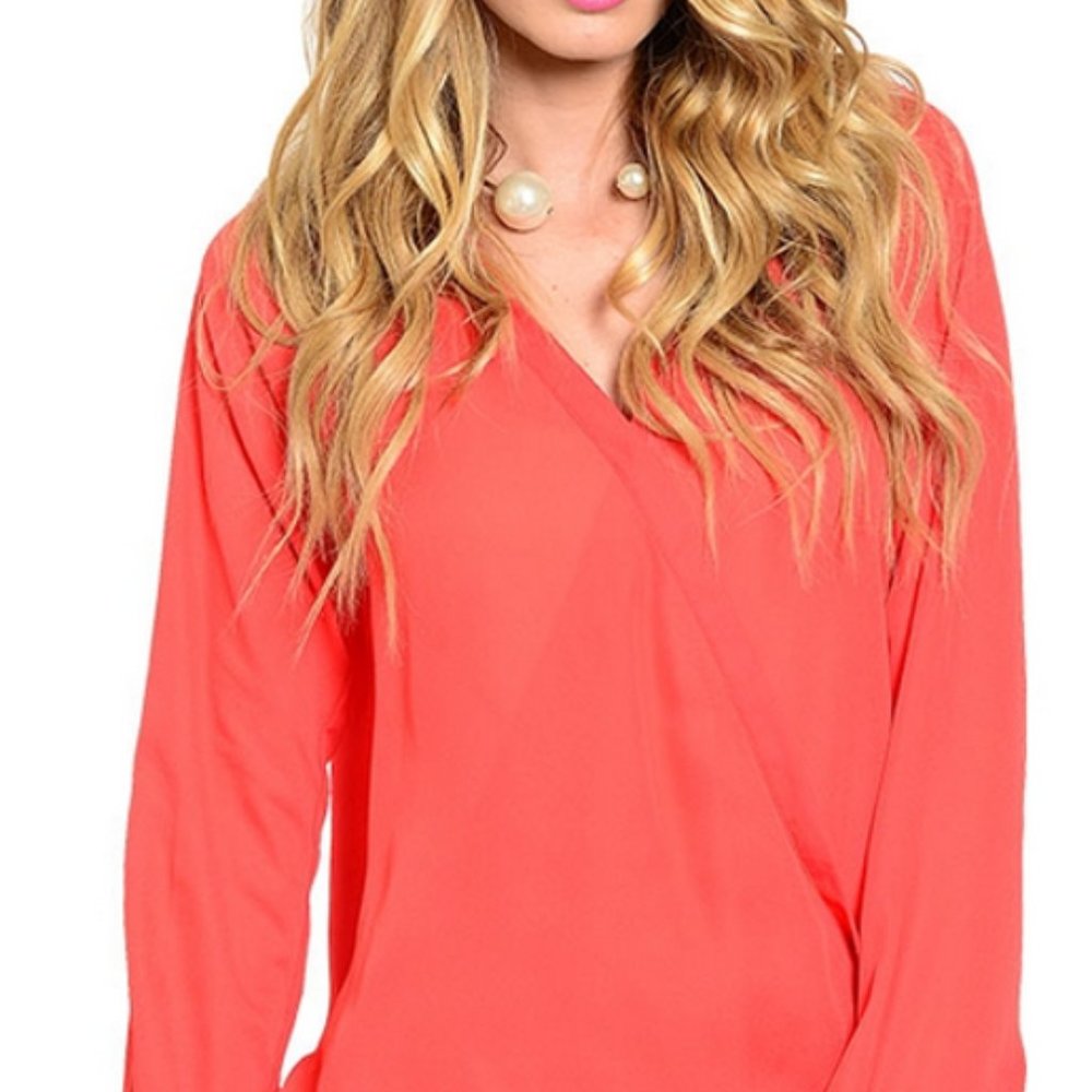 NWT V-Neck Chiffon LS Top/Coral
